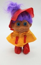 Vtg TNT 1991 5&quot; Girl Troll Rain Coat, Red Boots and Hat Blue Eyes Purple Hair - £6.17 GBP