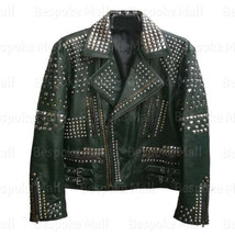 Men Unique Black Silver Studded Chains Designed Distress Leather Jacket-118 - £319.64 GBP