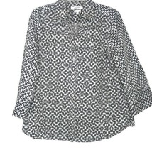 Foxcroft Womens Blouse Size Large Button Front 3/4 Sleeve V-Neck Black White - $14.97