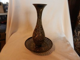 Vintage Black Metal Vase and Lattice Bowl With Gold Accents from India - $100.00