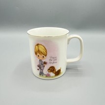 Vtg 1983 Precious Moments Coffee Mug &quot;Praise the Lord Anyhow&quot; Gold Rim Enesco - £7.80 GBP