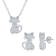 Sterling Silver Small CZ Cat Necklace &amp; Earrings Set - £60.21 GBP