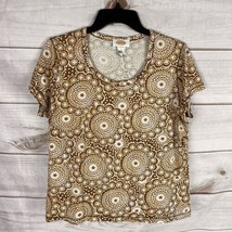 Talbots Women&#39;s Large Geometric Short Sleeve T-Shirt Brown White Pima Co... - $9.99