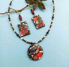 Painted Pomegranate Bird Pendant. Minimalist-inspired Boho stripe Art necklace - £47.31 GBP