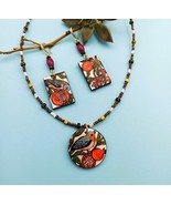 Painted Pomegranate Bird Pendant. Minimalist-inspired Boho stripe Art ne... - £47.59 GBP