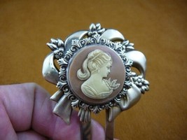 (CHS23-7) Ponytail lady TAN round cameo hair pin pick stick HAIRPIN brass - $28.97