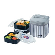Lock &amp; Lock Square Lunch Box 3-Piece Set with Insulated Stripe Bag, Gray - £40.18 GBP