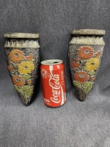 2 Vintage Wall Pocket Tokanabe Cone Shape Vase Floral Design Japan 7 3/4” Tall - £26.15 GBP