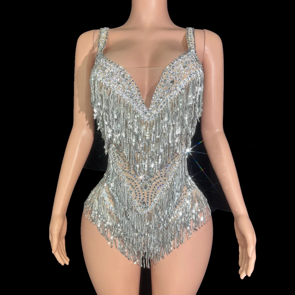 Sparkly Rhinestones Sequins Tassel Bodysuit for Women Sexy See Through P... - $1,140.46 MXN