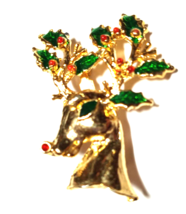 Vintage Lovely Gold Color and Enamel Christmas Decorated REINDEER 2&quot; Brooch - £10.21 GBP