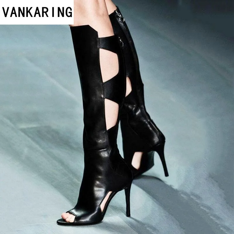 European pop soft micro leather knee high boots for women  peep toe riding boots - $294.87