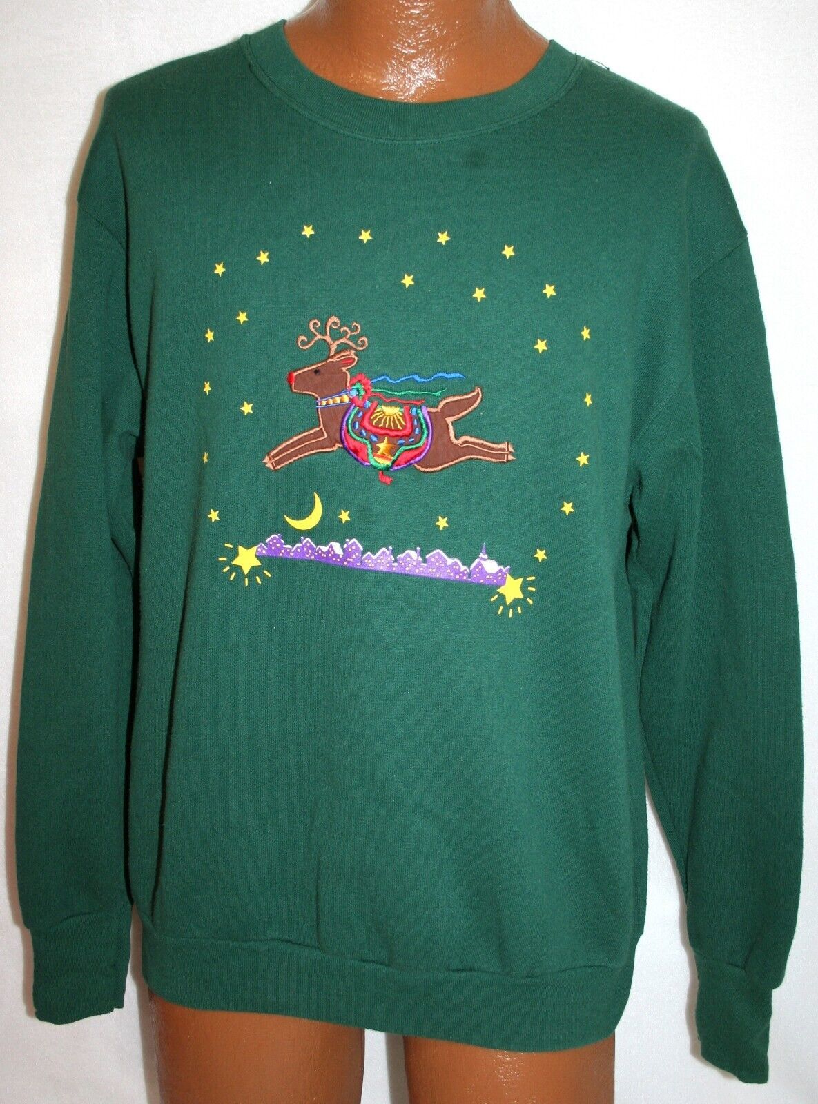 Primary image for Vintage 90s Flying Reindeer & Stars Green UGLY Christmas Sweater SWEATSHIRT M