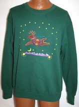 Vintage 90s Flying Reindeer &amp; Stars Green UGLY Christmas Sweater SWEATSHIRT M - £15.86 GBP