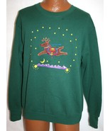 Vintage 90s Flying Reindeer &amp; Stars Green UGLY Christmas Sweater SWEATSH... - $369.95 MXN