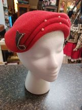 1950s Ladies Red Wool Hat Henry Pollak Size 22 Prop Costume TV Movie - $29.69