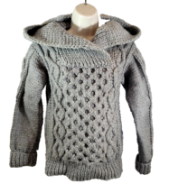 Hand Made Knitted Cable Knit Hoodie Sweater Gray Heavy Warm Womens Small Vtg - £26.07 GBP