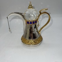 Dallah Coffee Pot Decorative Brass &amp; Silver Color W/ Crystal Miniature 5” - $24.99