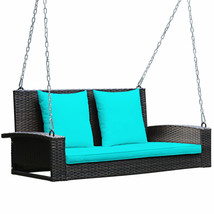 Costway 2-Person Patio Rattan Hanging Porch Swing Bench Chair Cushion Turquoise - £151.07 GBP