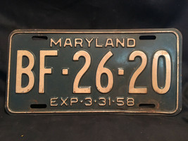Old Vtg 1958 Maryland License Plate BF:26:20 Car Truck Van SUV Automobile - £39.92 GBP