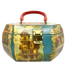 Vintage Decoupage Wood Box Purse Lucite Handle Lined Victorian Houses Tu... - £76.55 GBP