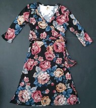 Lara Fashion Floral Dress Small V-Neck Soft Material Black Blue Red Belt... - $6.93