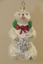 Christopher Radko Glass Christmas Ornament 1996 Silver Polar Bear w/ Wreath - $29.16