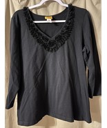 Ruby Rd Black 3/4 Sleeve Rose Embellished V-Neck Top Size Large Pullover - £8.23 GBP