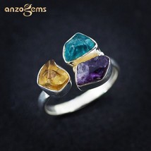 Anzogems Handmade Rough Stone Ring Natural Amethyst Citrine Apatite 925 Sterling - £52.03 GBP