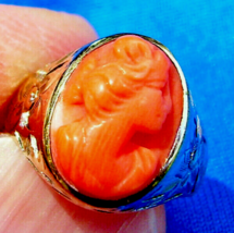 Antique Deco Mediterranean Coral Ring Victorian Hand Engraved 10k Solid Gold - $1,325.25