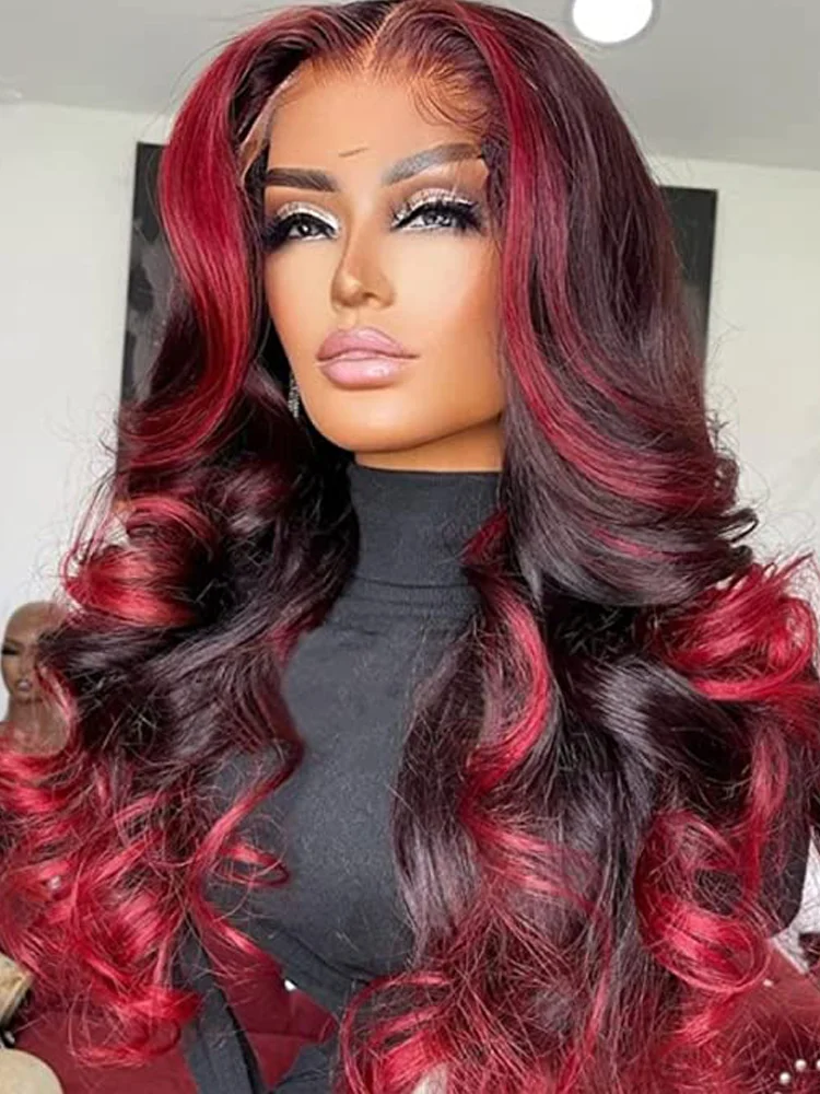 Burgundy Body Wave Lace Front Wig13X6 HD Lace Frontal Wig Red Highlight W - £74.23 GBP+