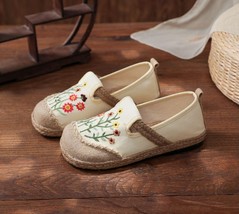 Flowers Embroidered Women Handmade Linen Canvas Slip-On Loafers Comfortable Low  - £26.79 GBP