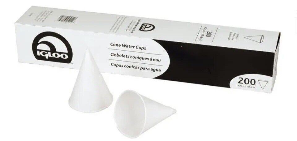 IGLOO 4.25 oz Rolled Rim Cone Paper Water Cups 75-80% Full /200 Count - ... - $11.52