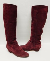 Saks Fifth Avenue Women&#39;s Boots Suede Knee Hi Pull On Wedge Faux Fur Wine 5.5 N - £35.93 GBP