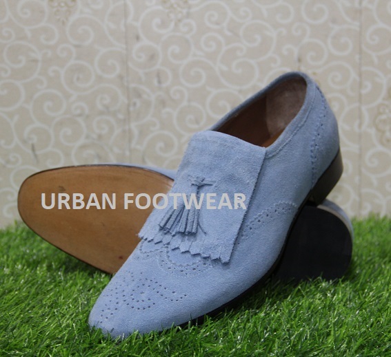 New Mens Handmade Formal Shoes Blue Suede Tassels Loafer Slip On Bespoke Casual