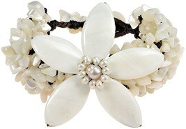 White Mother Of Pearl Large Flower Organic Handmade Bracelet - £45.53 GBP