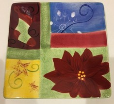 CORSICA HOME Holiday Quilt Hand-Painted Square Salad Dessert Plate 8 3/8"D - £15.52 GBP
