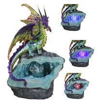 Green Purple and Gold Earth Dragon On LED Faux Geode Crystals Rock Figurine - $28.99