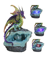 Green Purple and Gold Earth Dragon On LED Faux Geode Crystals Rock Figurine - $28.99