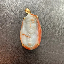 14K Solid Real Gold The Blessed Virgin Mary Carving Natural Red Jade Pendant - £401.97 GBP