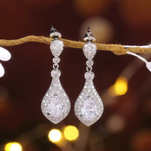 14K White Gold Plated 3Ct Pear CZ Moissanite Double Halo Drop/Dangle Earrings - £126.58 GBP