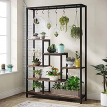 Modern Industrial Heavy Duty Metal Wood Plant Stand with 10 Hanging Hooks - $242.05