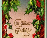 Christmas Greetings Holly Wreath Gilt Embossed 1910 DB Postcard F4 - $6.88