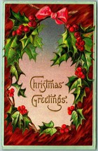 Christmas Greetings Holly Wreath Gilt Embossed 1910 DB Postcard F4 - £5.41 GBP