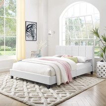 Classic Brands Rockland White Faux Leather Upholstered Platform Bed, Queen - £134.55 GBP