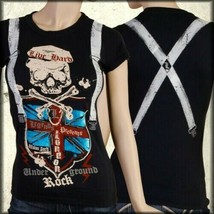 Motor City Legend Union Jack Skull Suspender Foil Women V T-Shirt Blue XS L - £25.11 GBP