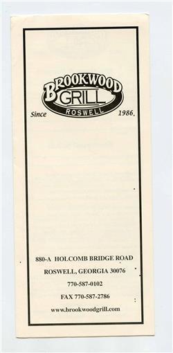 Primary image for Brookwood Grill Menu Holcomb Bridge Road Roswell Georgia 