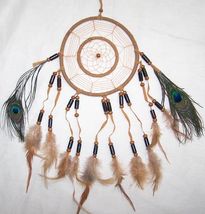 LARGE NEW 14 INCH BROWN DREAM CATCHER W  REAL PEACOCK FEATHERS wood bead... - $9.49