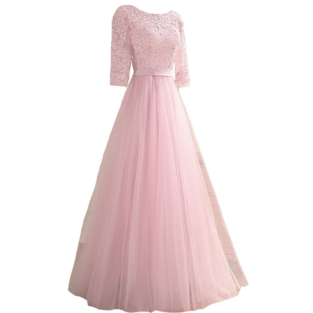 Kivary Vintage Sheer 1/2 Sleeves Tulle A Line Sash Long Prom Evening Dresses Lig