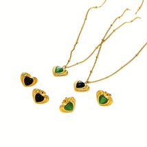 Waterproof Stainless Steel 18K Gold Plated Green Heart Natural Stone Jewelry Set - £20.73 GBP+
