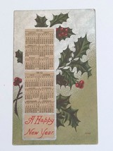 A Happy New Year Postcard w/ 1910 Calendar Silver Holly &amp; Berries 4202 - £6.25 GBP